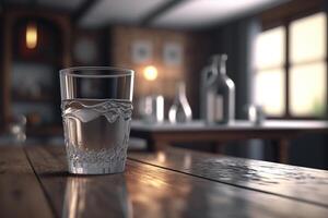 un vaso de agua sentado en un de madera mesa, generativo ai foto