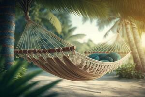 A hammock between two palm trees on a beach, photo