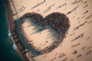 A large group of people standing in the shape of a heart, photo