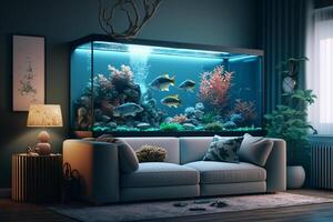 A living room filled with furniture and a large aquarium, photo