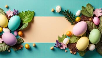 Easter holiday background. Easter eggs illustration backdrop with copy space. photo