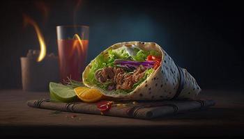 Tasty Doner Kebab Shawarma Roll Wrap Illustration. Generative AI Food photo