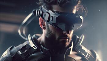 Person wears VR, metaverse illustration. Virtual Reality, man with glasses. Technology of future, photo