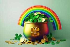 Green background with pot of gold coins, rainbow and clover leaves. photo