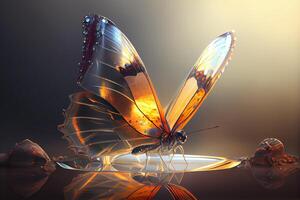 Beautiful crystal butterfly closeup with sunrays. Glass transparent magical creature, glassy wings design photo