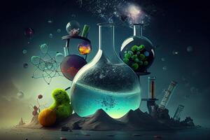 Science background illustration, scientific design. Flasks, glass and chemistry, physics elements. photo