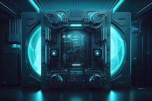 Technology Background Blue Glow Light, Abstract Digital Graphic Design Wallpaper. CPU or GPU Motherboard Chip photo