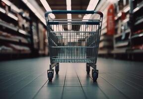 supermercado tienda de comestibles compras carro borroso antecedentes - ai generado imagen foto