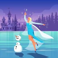 Snow Princess Skating with Cute Snowman vector