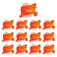 Set of orange sale banners on the modern gradient shape. Geometric trendy banners with discounts of five to sixty percent. Modern gradient shape with promotion text. Vector illustration.