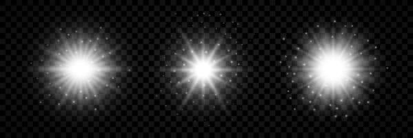 Light effect of lens flares. Set of three white glowing lights starburst effects with sparkles on a background. Vector illustration