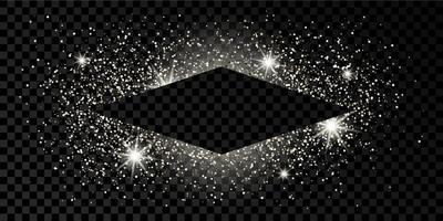 Silver rhombus frame with glitter, sparkles and flares on dark background. Empty luxury backdrop. Vector illustration.