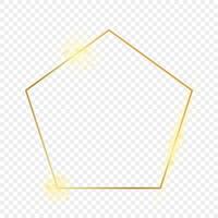 Gold glowing pentagon shape frame isolated on background. Shiny frame with glowing effects. Vector illustration.