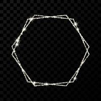 Silver double hexagon frame. Modern shiny frame with light effects isolated on dark vector