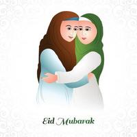 Beautiful muslim womens people hugging and wishing eid mubarak card background vector