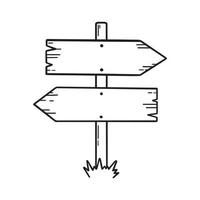 Wooden road sign doodle. Wooden direction sign and arrows in sketch style.  Hand drawn vector illustration isolated on white background.