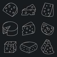 Cheese doodle set. Cheese types in sketch style.  Hand drawn vector illustration isolated on black background.