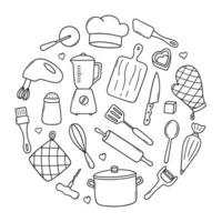 Kitchen tools doodle set. Cooking utensil in sketch style. Hand drawn vector illustration isolated on white background