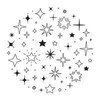 Sparkles and Twinkling stars doodle set. Glitter burst, shining star, falling star, firework, magic sparkle icons. Hand drawn vector illustration isolated on white background.