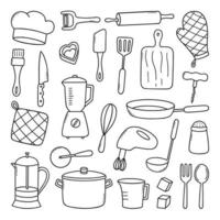 Kitchen tools doodle set. Cooking utensil in sketch style. Hand drawn vector illustration isolated on white background