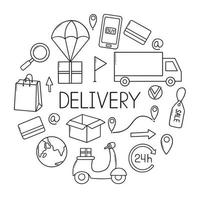 Delivery service doodle set. Online shopping in sketch style.  Hand drawn vector illustration isolated on white background.