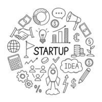 Business related and startup doodle set. Marketing, money, rocket, diagrams in sketch style.  Hand drawn vector illustration isolated on white background.
