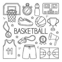 Basketball doodle set. Basketball basket, sport wear, ball, winner cup, medal in sketch style.  Hand drawn vector illustration isolated on white background