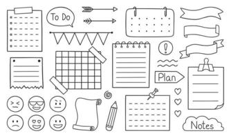 Hand drawn bullet journal doodle. Set of notes, ribbons, frames, stickers for bullet journal, notebook, diary and planner. Vector illustration isolated on white background.