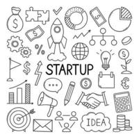 Business related and startup doodle set. Marketing, money, rocket, diagrams in sketch style.  Hand drawn vector illustration isolated on white background.