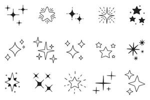 destellos y centelleo estrellas garabatear colocar. Brillantina explosión, brillante estrella, que cae estrella, Fuegos artificiales, magia brillar iconos mano dibujado vector ilustración aislado en blanco antecedentes.