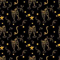 Champagne glasses seamless pattern on black background. vector