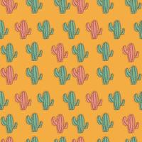 Pink and mint green Cactuses seamless pattern on yellow background. vector