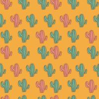 Pink and mint green Cactuses seamless pattern on yellow background. vector