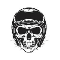 skull biker with retro helmet, logo concept black and white color, hand drawn illustration vector