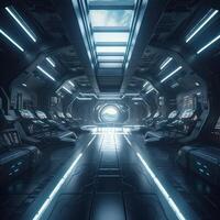 futuristic sci-fi space war ship hangar tunnel corridor with reflective glass windows 3d illustration background wallpaper. photo