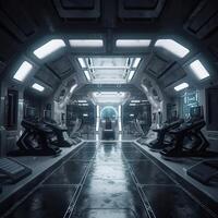futurista ciencia ficción espacio guerra Embarcacion hangar túnel corredor con reflexivo vaso ventanas 3d ilustración antecedentes fondo de pantalla. generativo ai foto