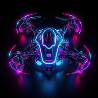 Neon drone with camera. Neon drone color. illustration of a quadrocopter consisting of neon outlines, with backlight on the dark background. . photo