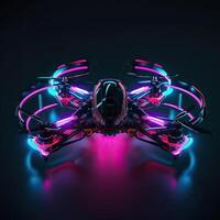 Neon drone with camera. Neon drone color. illustration of a quadrocopter consisting of neon outlines, with backlight on the dark background. . photo
