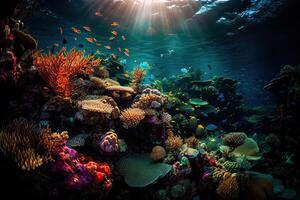 Animals of the underwater sea world. Ecosystem. Colorful tropical fish. Life in the coral reef. . photo