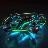 Neon drone with camera. Neon drone color. illustration of a quadrocopter consisting of neon outlines, with backlight on the dark background. . photo