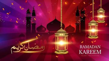 Ramadán kareem antecedentes. con Arábica caligrafía, mezquita silueta y linterna fondo, para islámico saludo tarjeta y póster. vector
