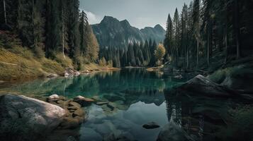 fantástico montaña lago en triglav nacional parque. situado en el bohinj Valle de el Julian Alpes. dramático raro escena. Eslovenia, Europa. belleza mundo. generativo ai. foto