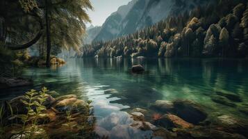 fantástico montaña lago en triglav nacional parque. situado en el bohinj Valle de el Julian Alpes. dramático raro escena. Eslovenia, Europa. belleza mundo. generativo ai. foto