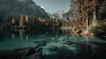 fantástico montaña lago en triglav nacional parque. situado en el bohinj Valle de el Julian Alpes. dramático raro escena. Eslovenia, Europa. belleza mundo. generativo ai. foto