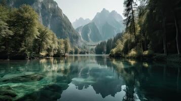 Fantastic mountain lake in Triglav national park. Located in the Bohinj Valley of the Julian Alps. Dramatic unusual scene. Slovenia, Europe. Beauty world. . photo