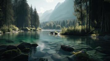 fantástico montaña lago en triglav nacional parque. situado en el bohinj Valle de el Julian Alpes. dramático raro escena. Eslovenia, Europa. belleza mundo. generativo ai. foto