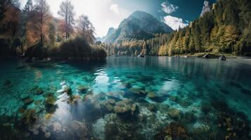 fantástico montaña lago en triglav nacional parque. situado en el bohinj Valle de el Julian Alpes. dramático raro escena. Eslovenia, Europa. belleza mundo. generativo ai. foto