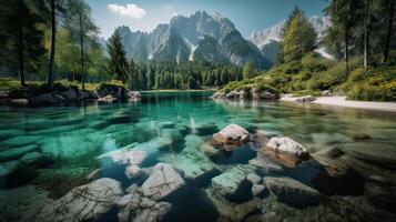 fantástico montaña lago en triglav nacional parque. situado en el bohinj Valle de el Julian Alpes. dramático raro escena. Eslovenia, Europa. belleza mundo. generativo ai. foto