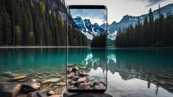 travel concept - tourist takes picture of Fantastic mountain lake in Triglav national park. Located in the Bohinj Valley of the Julian Alps. . photo