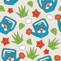 Seamless pattern with watering can, flowers, leaves and grass. Spring, summer garden concept. Retro style cartoon vector illustration